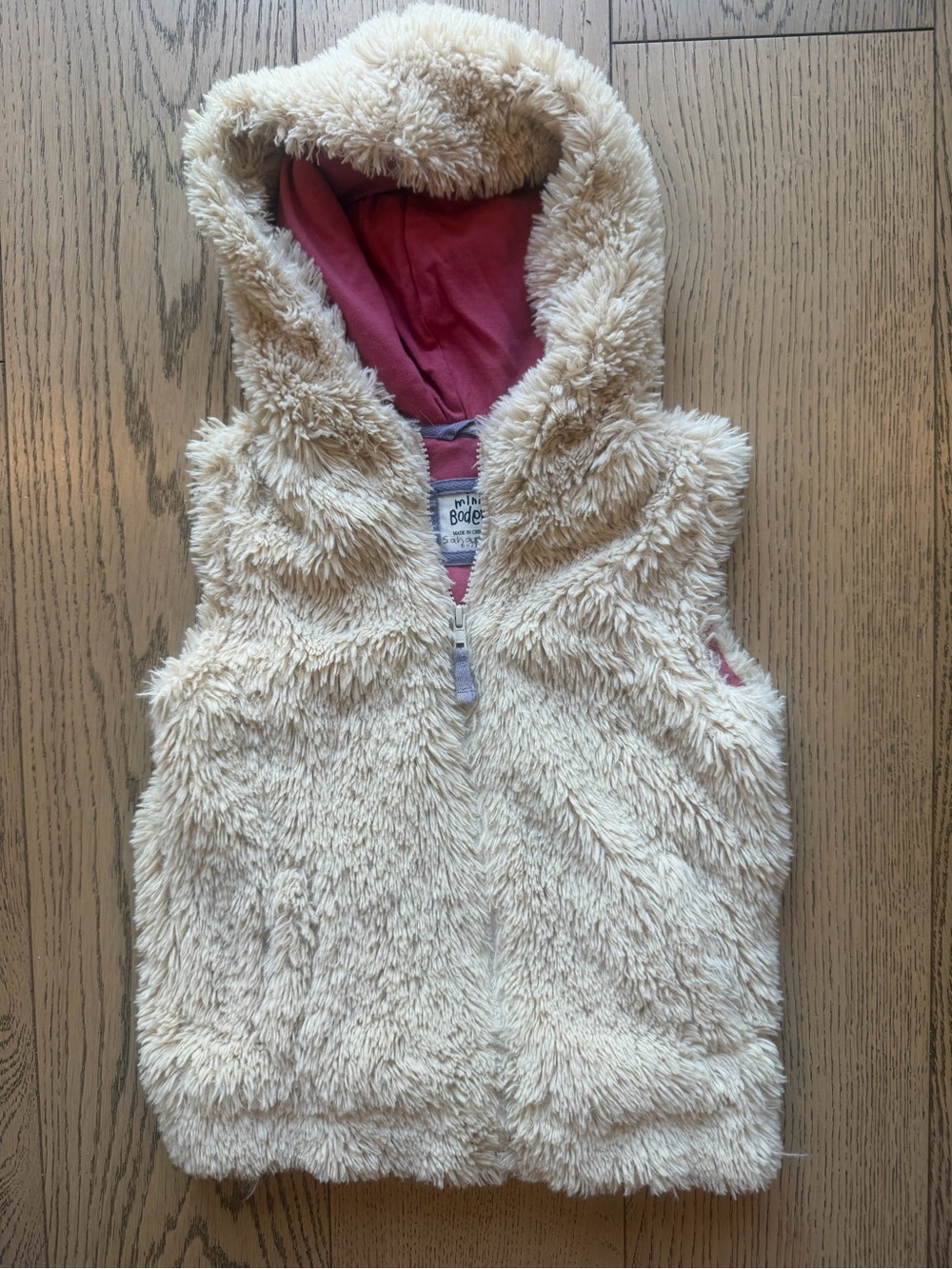 Mini Boden Girls Kids Faux Fur Cozy Soft Hooded Vest w/ Rose Pink Lining Sz 6-7